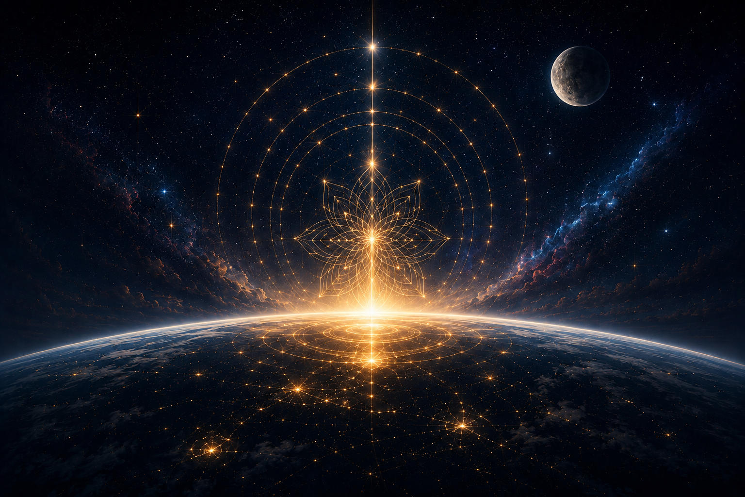 VISHVA — sacred-geometry intelligence rising over Earth, uniting one humanity under one universe